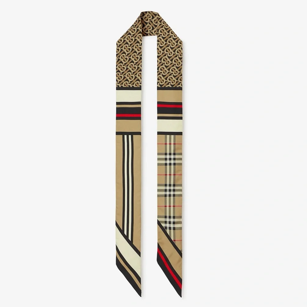 Burberry Skinny Montage Silk Scarf in Archival Beige - Picture 1 of 10